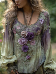 Elegantes, mit Blumen besticktes Leinen hemd für Damen