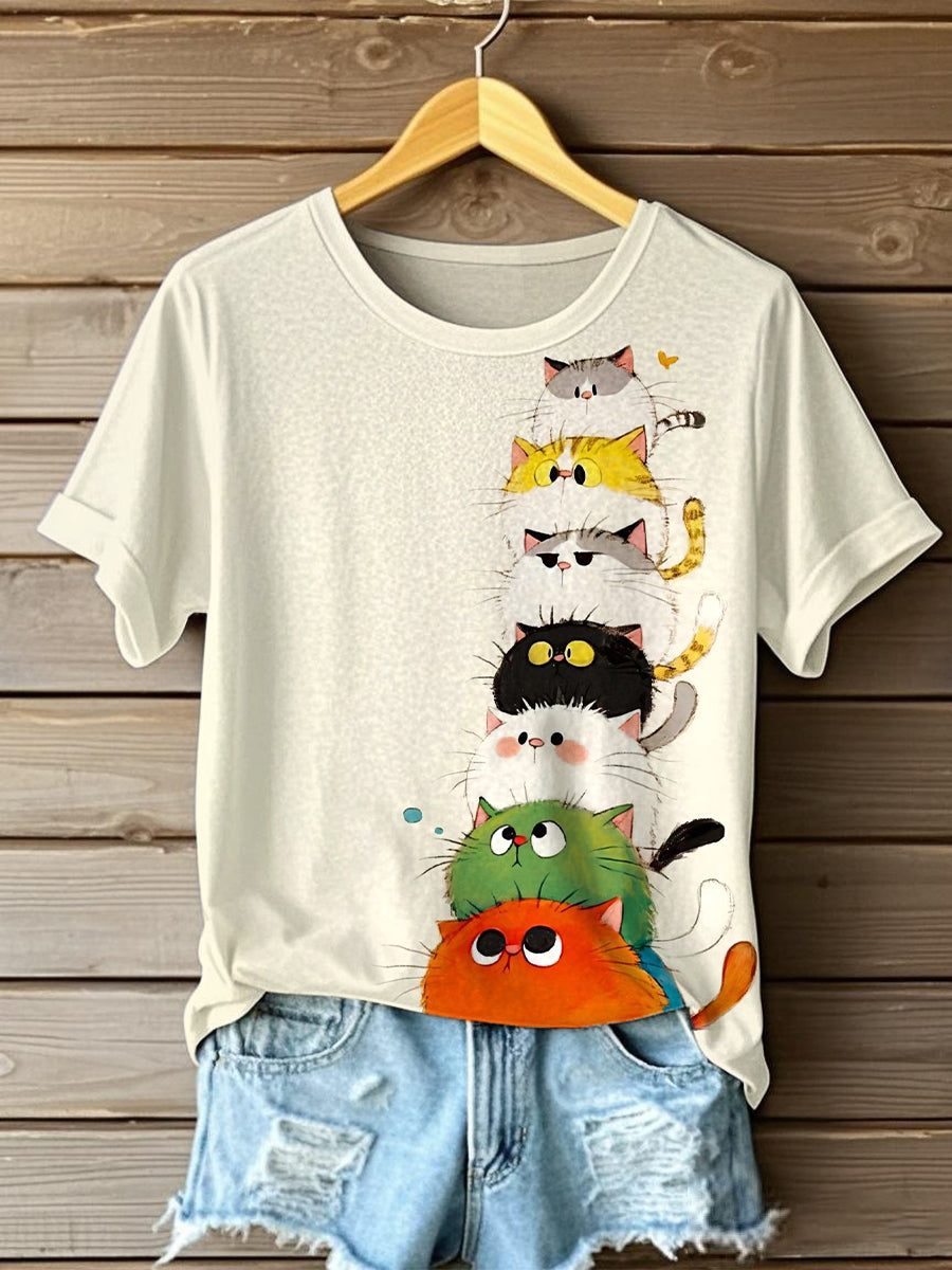 Frauen lustige Katzen Kunstdruck Kurzarm T-Shirt