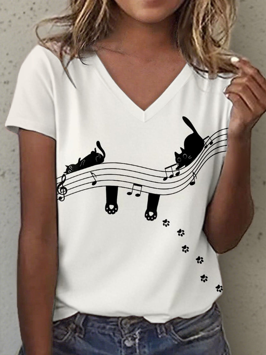 Frauen Katze und Musik Noten Kunstdruck V-Ausschnitt T-Shirt