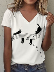 Frauen Katze und Musik Noten Kunstdruck V-Ausschnitt T-Shirt