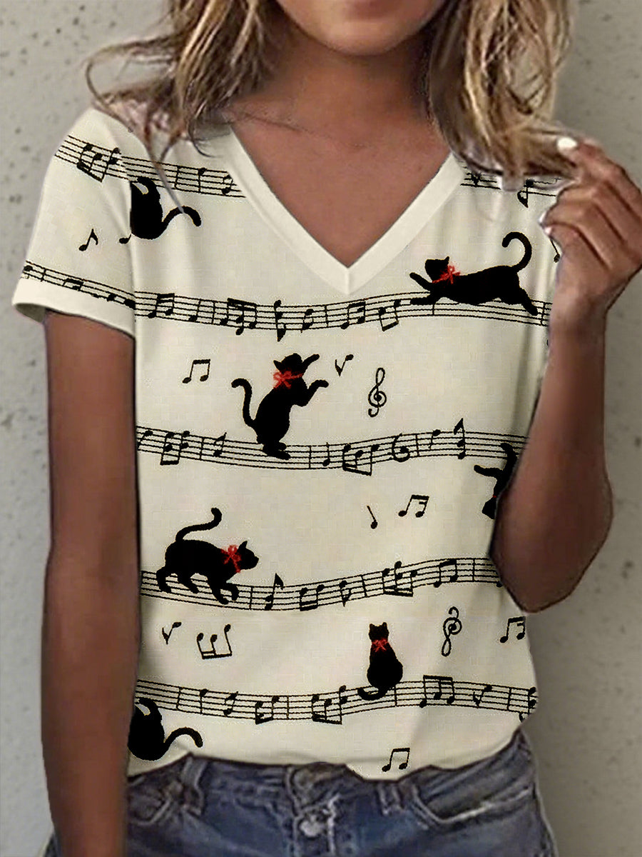 Frauen Katze und Musik Noten Kunstdruck Vintage T-Shirt