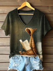 Damen Vintage Katze Kunstdruck V-Ausschnitt T-Shirt