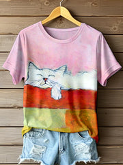 Damen-Ölgemälde Kunst Katzen druck Kurzarm T-Shirt