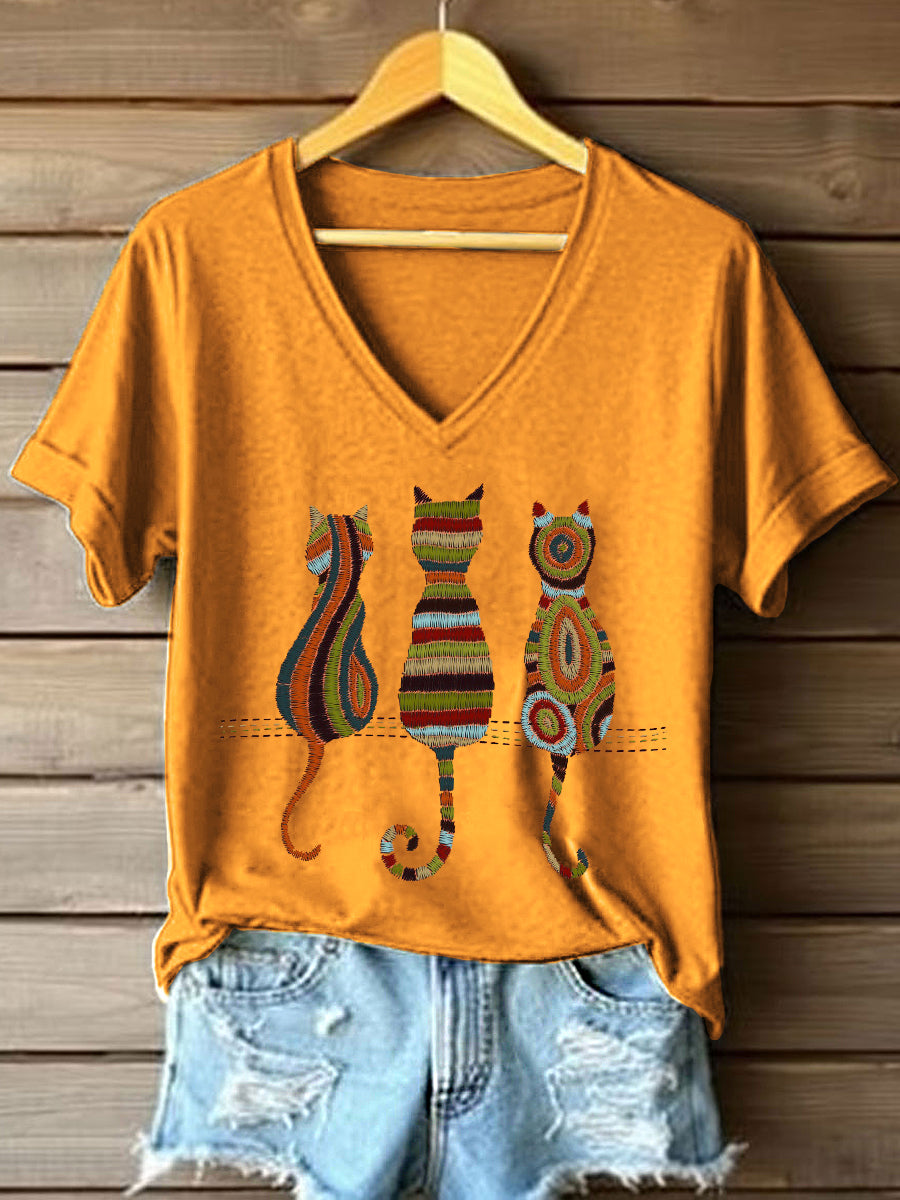 Frauen Katze besticktes V-Ausschnitt T-Shirt