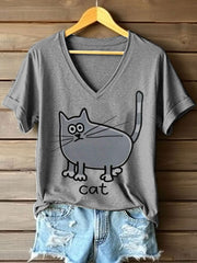 Frauen niedliches Katzen-Print V-Ausschnitt T-Shirt