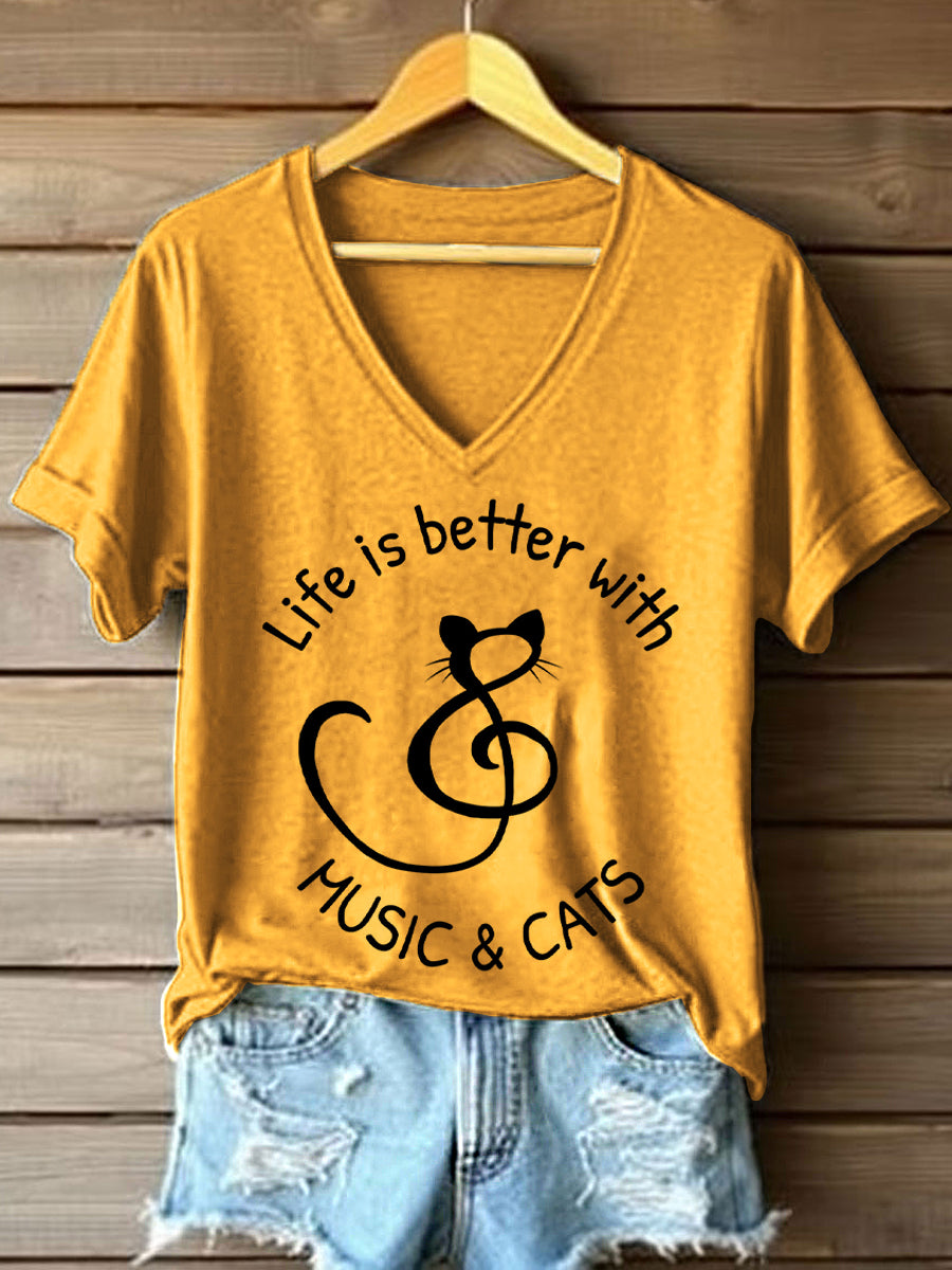 Frauen leben ist besser mit Musik & Katzen Print V-Ausschnitt T-Shirt