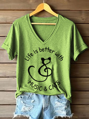 Frauen leben ist besser mit Musik & Katzen Print V-Ausschnitt T-Shirt