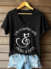 Frauen leben ist besser mit Musik & Katzen Print V-Ausschnitt T-Shirt