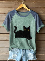 Frauen schwarze Katze Farbe-blockierte T-Shirts