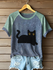 Frauen schwarze Katze Farbe-blockierte T-Shirts
