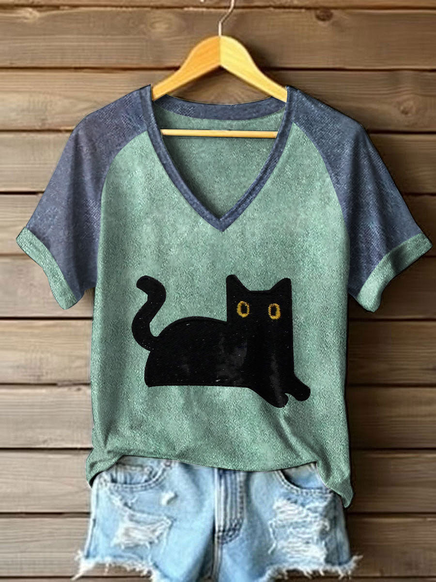 Frauen schwarze Katze Farb block T-Shirts mit V-Ausschnitt