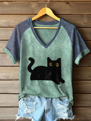 Frauen schwarze Katze Farb block T-Shirts mit V-Ausschnitt