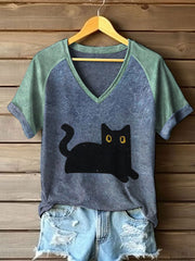 Frauen schwarze Katze Farb block T-Shirts mit V-Ausschnitt