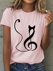 Frauen Musik Noten und Katze Print T-Shirt