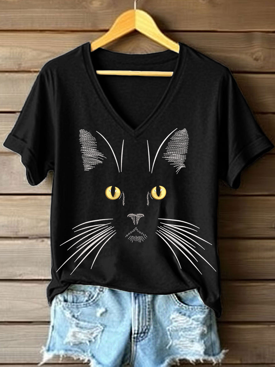 Frauen Katzen gesicht Besticktes T-Shirt mit V-Ausschnitt