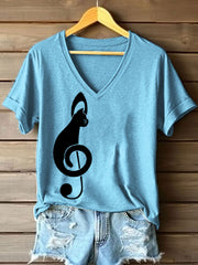Frauen Musik Note inspirierte Katze Print V-Ausschnitt T-Shirt