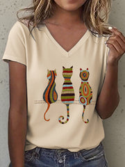 Frauen Katze besticktes V-Ausschnitt T-Shirt