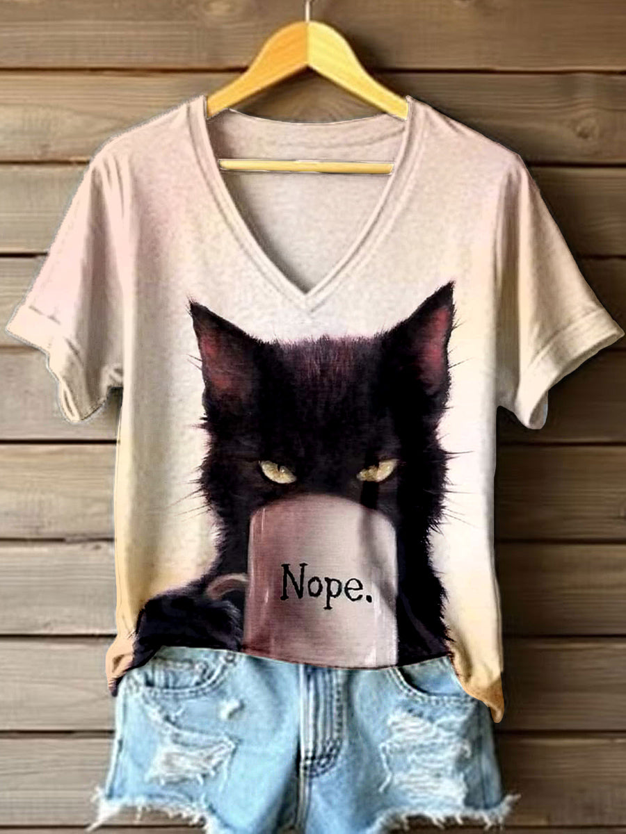 Frauen Lustige Katze Kunstdruck V-Ausschnitt T-Shirt