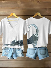 Frauen Künstlerisches Katzen druck V-Ausschnitt T-Shirt