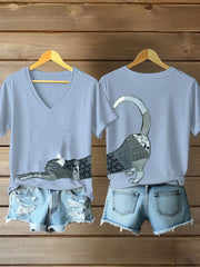 Frauen Künstlerisches Katzen druck V-Ausschnitt T-Shirt