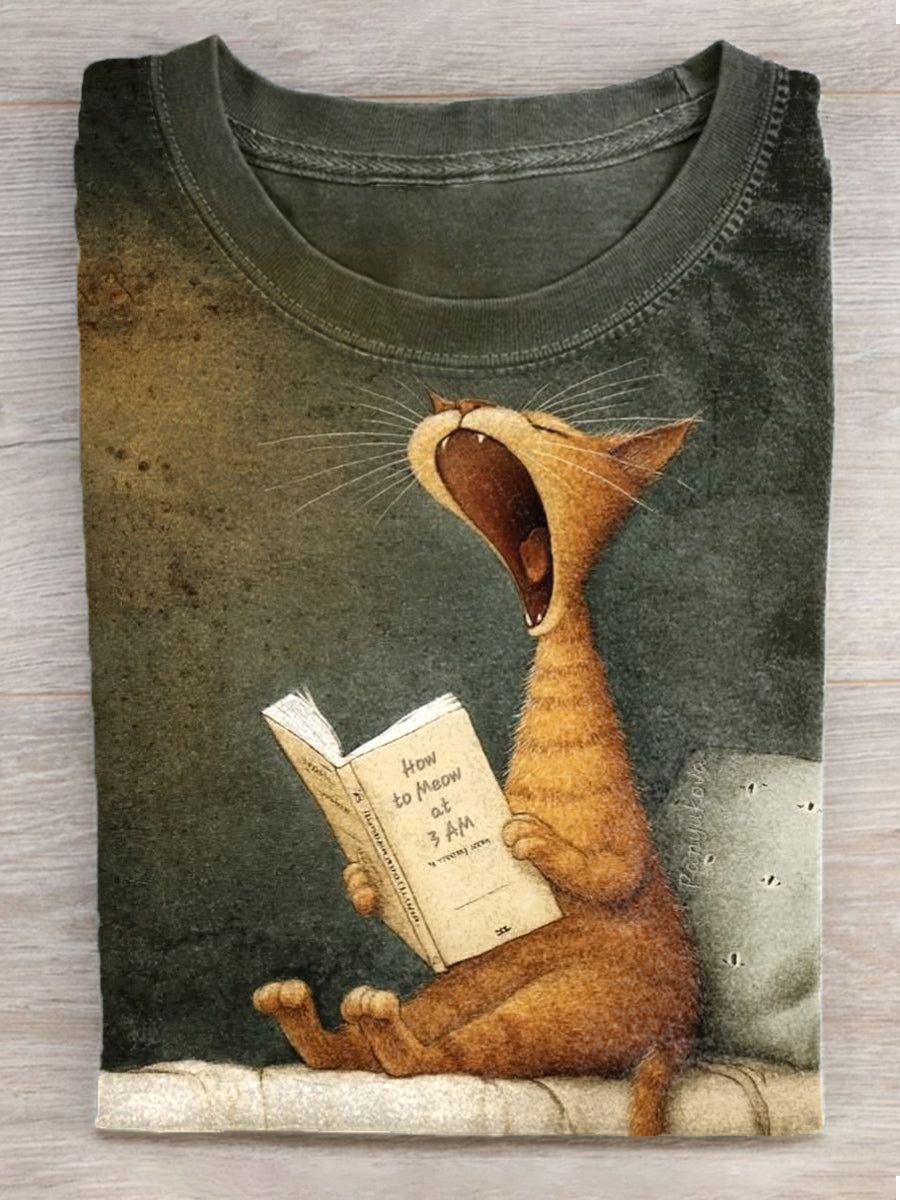 Damen Katzen-Kunstdruck Vintage Kurzarm T-Shirt