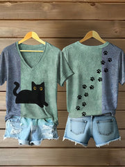 Damen T-Shirts mit V-Ausschnitt und schwarzem Katzen druck