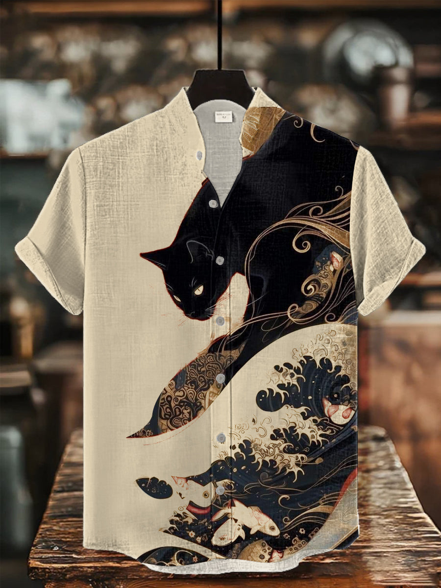 Herren-Kurzarm-Hemd mit japanischer Kunst