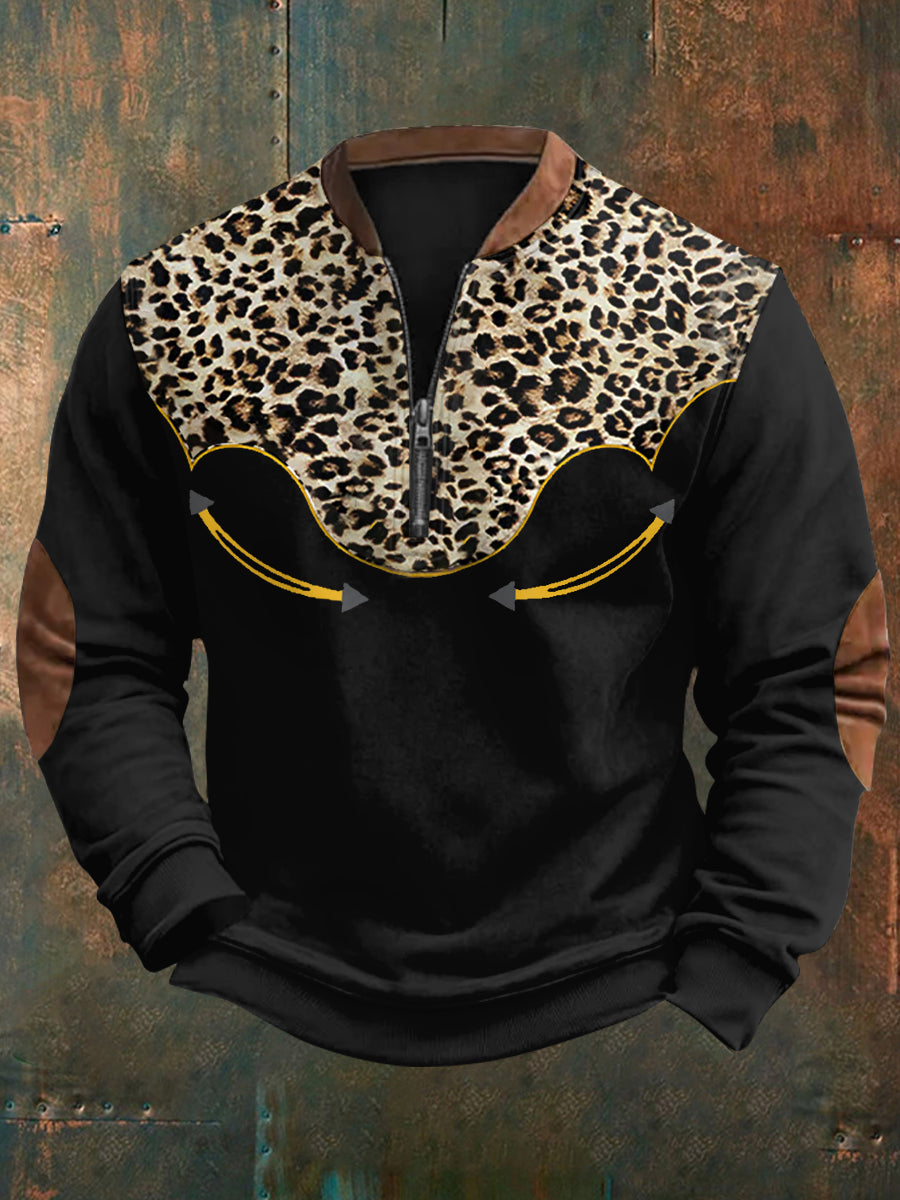 Herren Retro Western Leopard Print Casual Reiß verschluss Sweatshirt