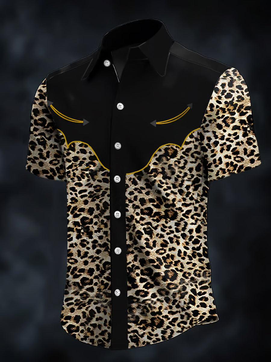 Herren Retro Western Leopard Print Lässiges Kurzarm-Shirt