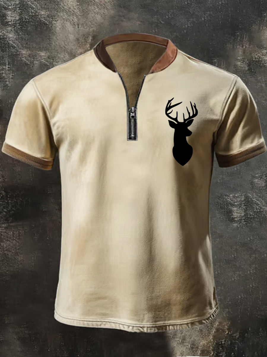 Herren Retro Western Geweih Print Casual Zipper Top