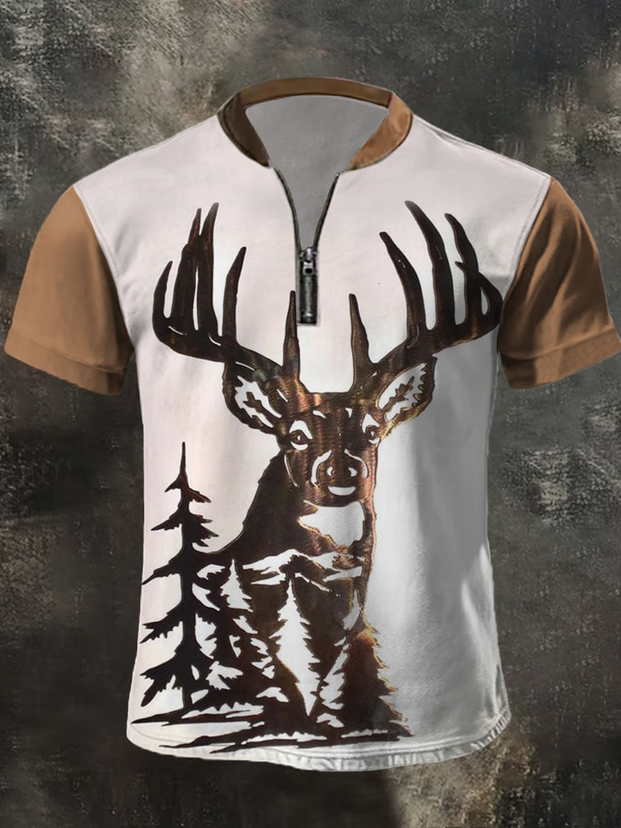 Herren Retro Western Deer Print Casual Zipper Top