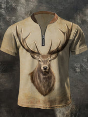Herren Retro Western Deer Print Casual Zipper Top