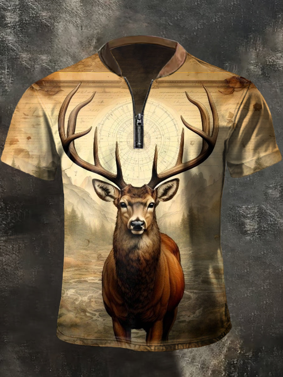 Herren Retro Western Deer Print Casual Zipper Top