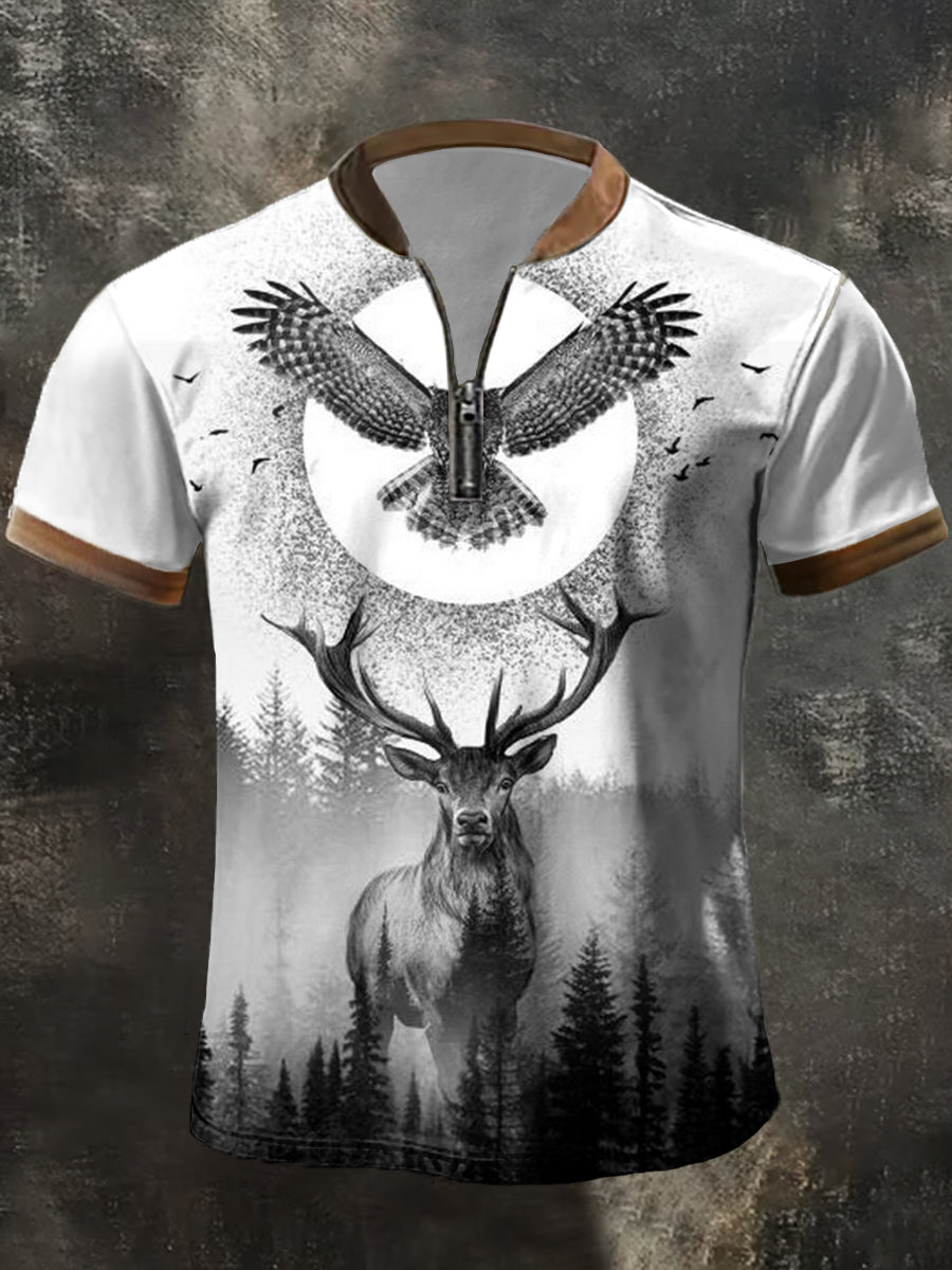 Herren Retro Deer Print Casual Zipper Top