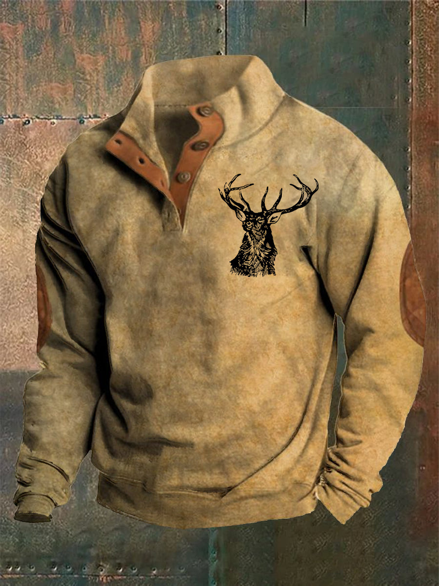 Herren Vintage Western Stag Print lässig Lose Langarm Sweatshirt