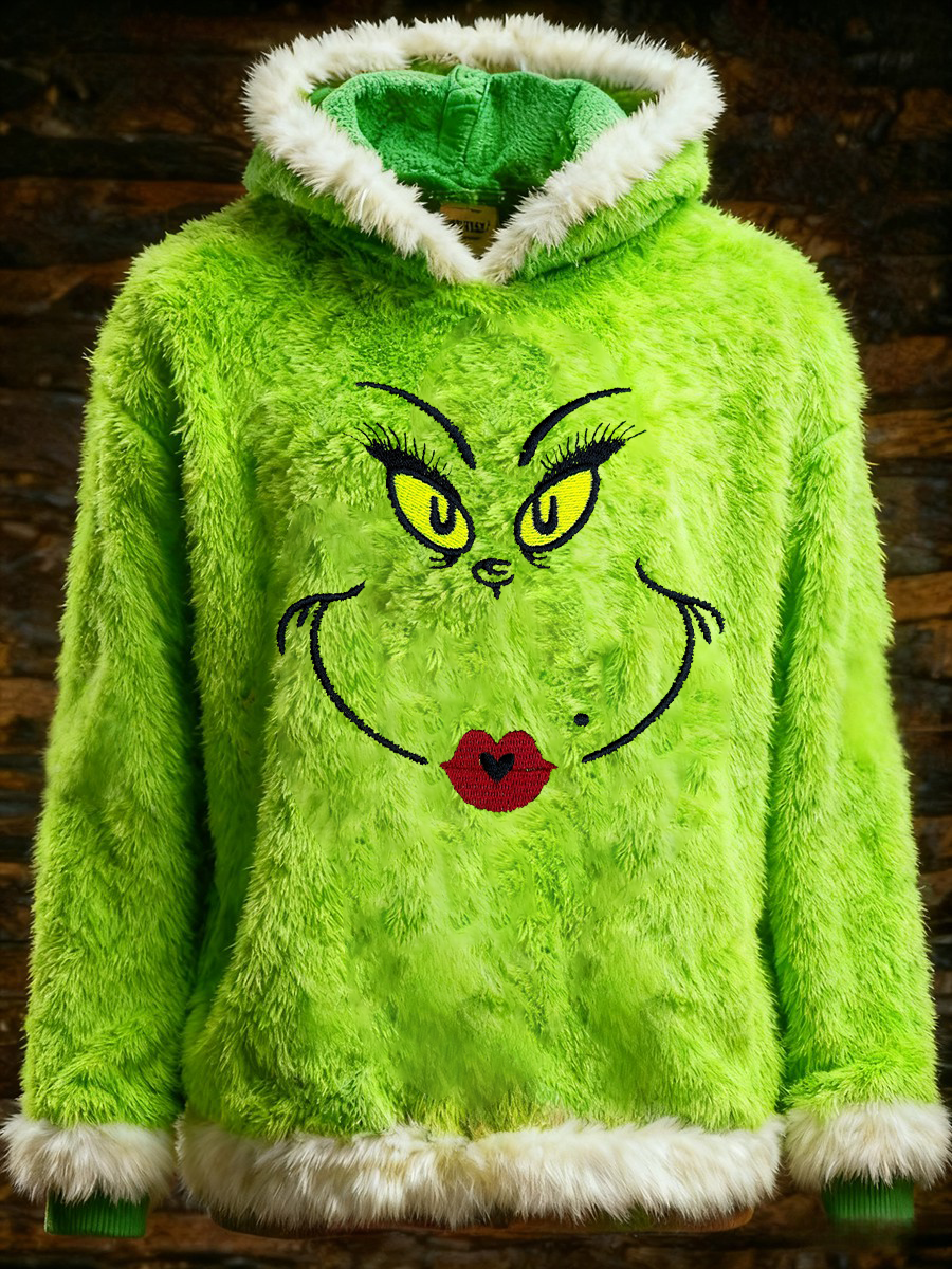 Damen-Weihnachts-Grinch-Kapuzen pullover mit Gesicht bedruckt