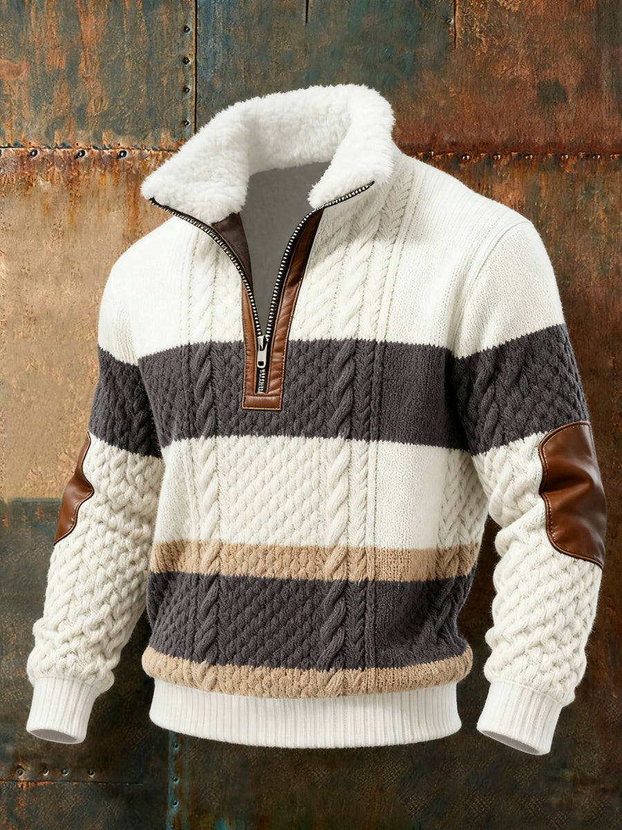 Herren Retro-Farb block gestrickter Muster druck lässiger Pelzkragen pullover
