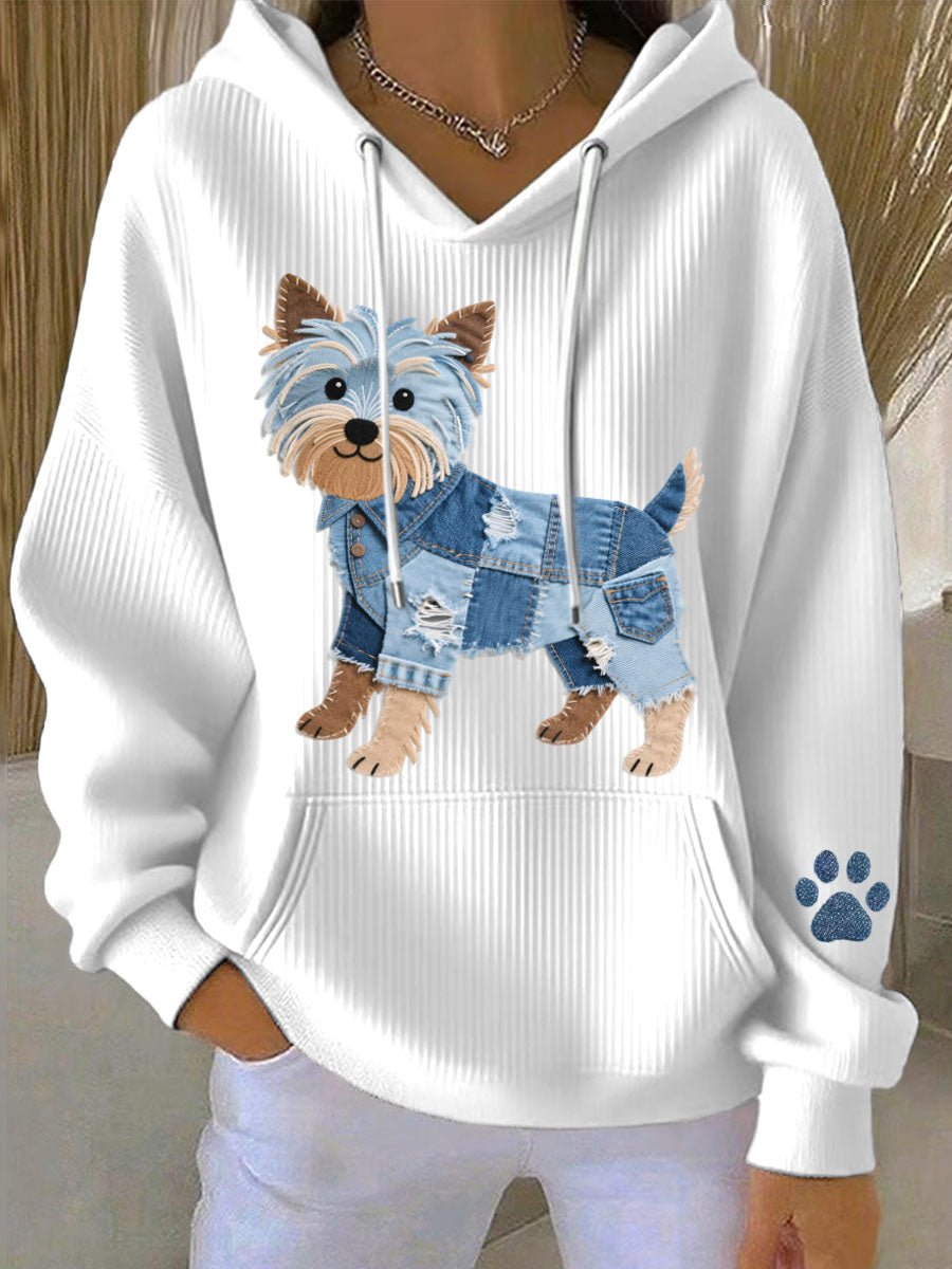 Damen Lovely Yorkshire Terrier Dog Denim Patchwork Muster Hoodie