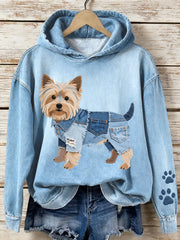 Frauen Denim Patchwork Kunst Yorkshire Terrier Hunde muster Hoodie