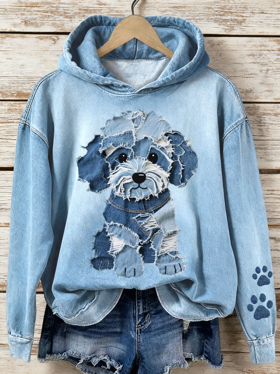 Damen Denim Patchwork Kunst Schöne Hunde muster Hoodie