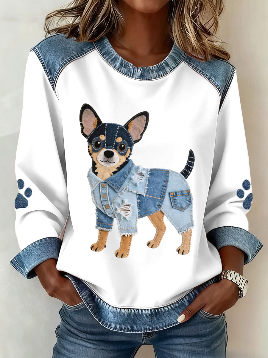 Damen schöne Chihuahua Hunde muster Denim Patchwork Kunst Sweatshirt