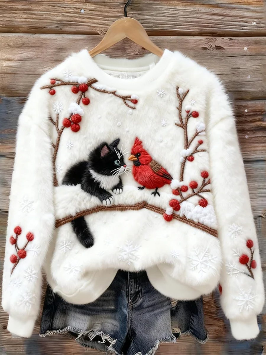 Damen-Weihnachts-Süßes Katzen-Kunst-Flanell-Sweatshirt