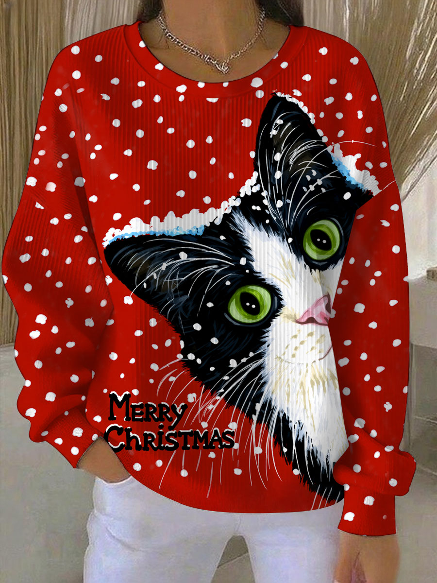 Damen Vintage Weihnachts katze bedrucktes Sweatshirt