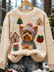 Damen niedlicher Weihnachts hund Kunstdruck Casual Flanell Pullover