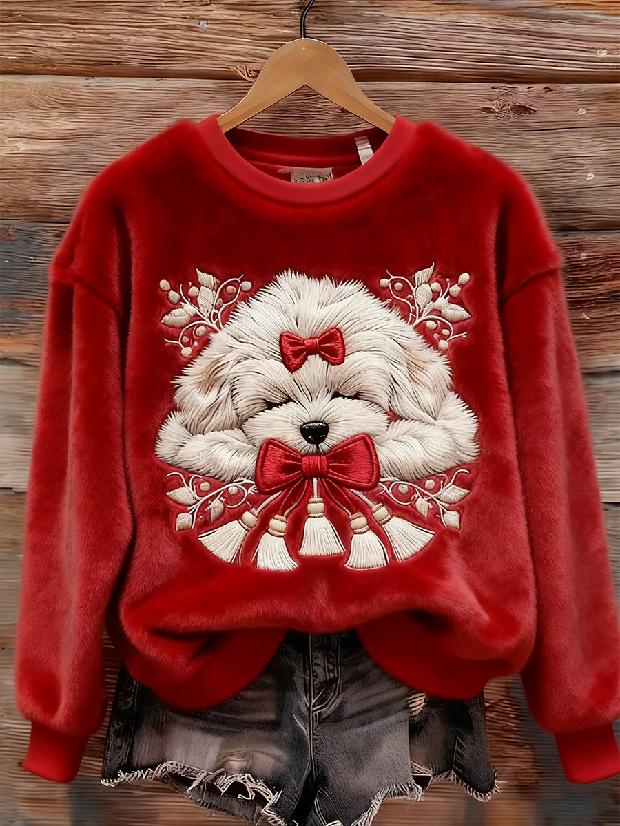 Frauen Weihnachts schlafende Fuzzy Dog Art Gemütliches Plüsch Sweatshirt