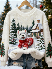 Damen niedlicher Weihnachts hund Kunstdruck Casual Flanell Pullover