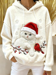 Damen niedlicher Weihnachts katzen Kunstdruck Casual Flanell Hoodie