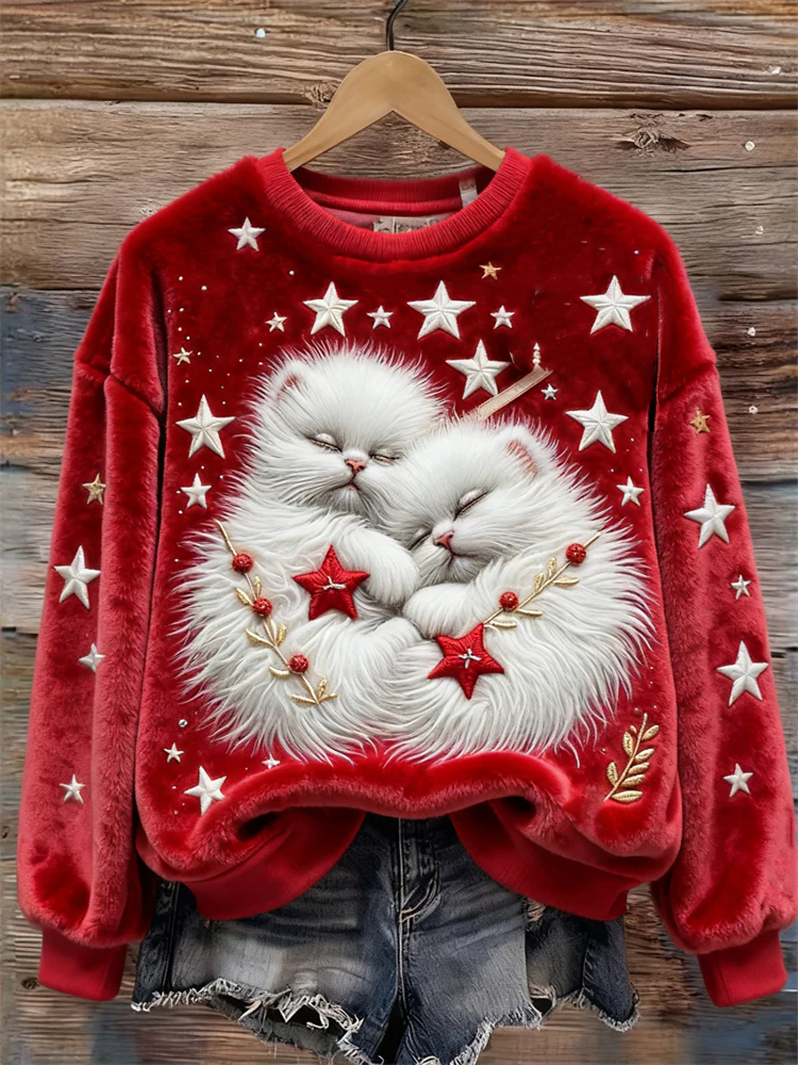 Damen Katzen-und Weihnachts stern print Flanell Hoodie