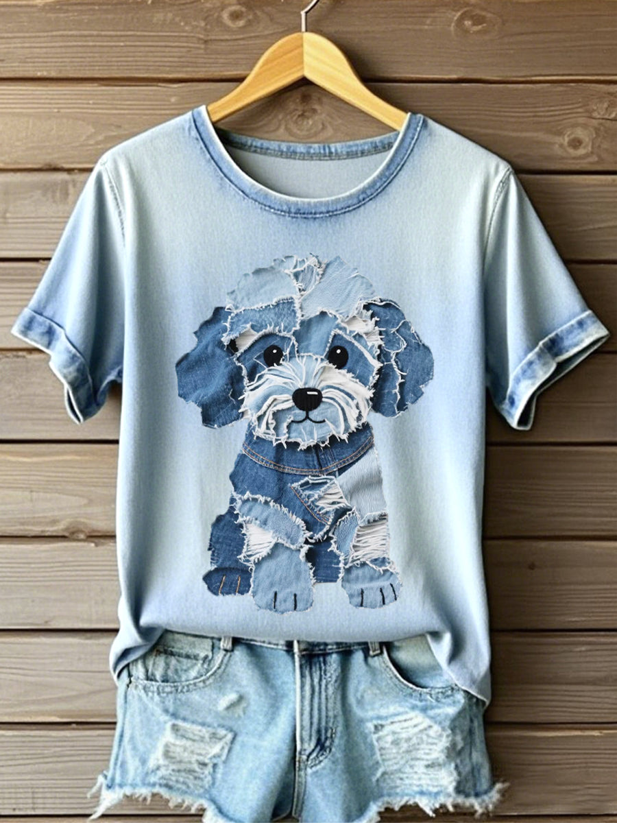 Frauen Flauschiges Welpen muster Patchwork Kunst T-Shirt
