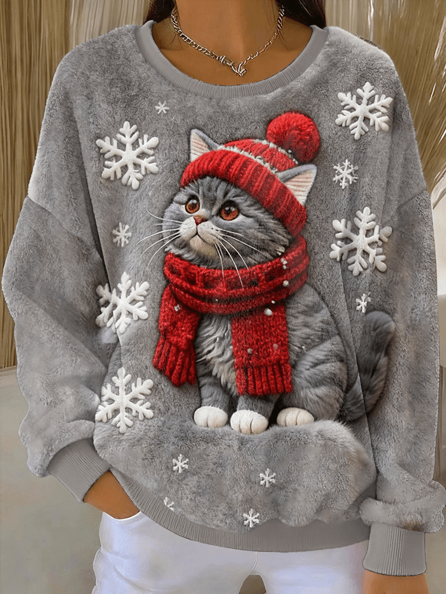 Damen niedlicher Weihnachts katzen Kunstdruck Casual Flanell Hoodie